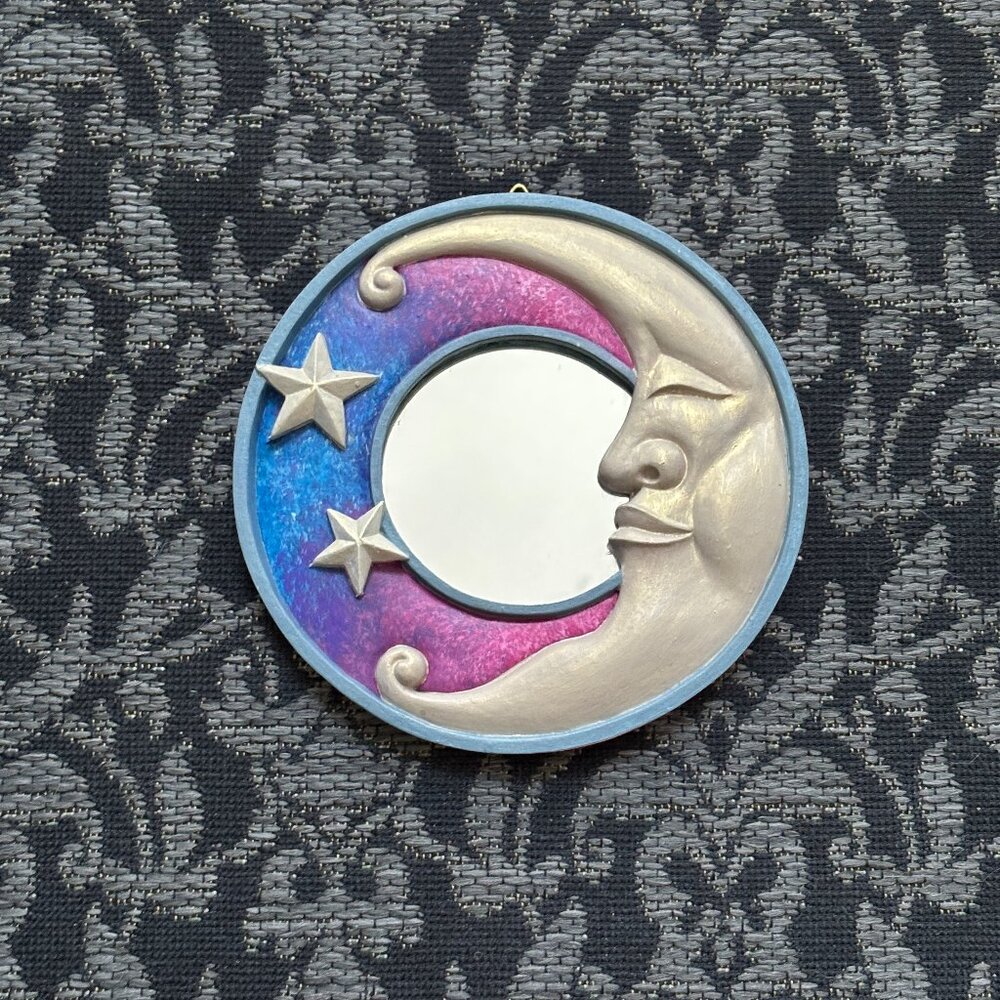 🌙 Hallowette - Handpainted Moon & Stars Mirror - Dreamy Clouds